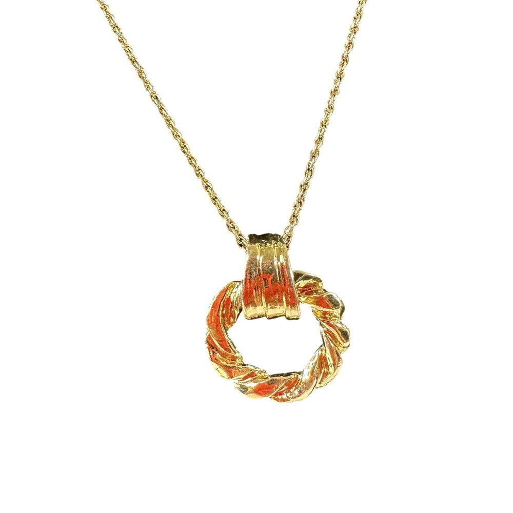 Yves Saint Laurent Gold Tone Rope Ring Pendant Chain Necklace YSL Logo Jewelry